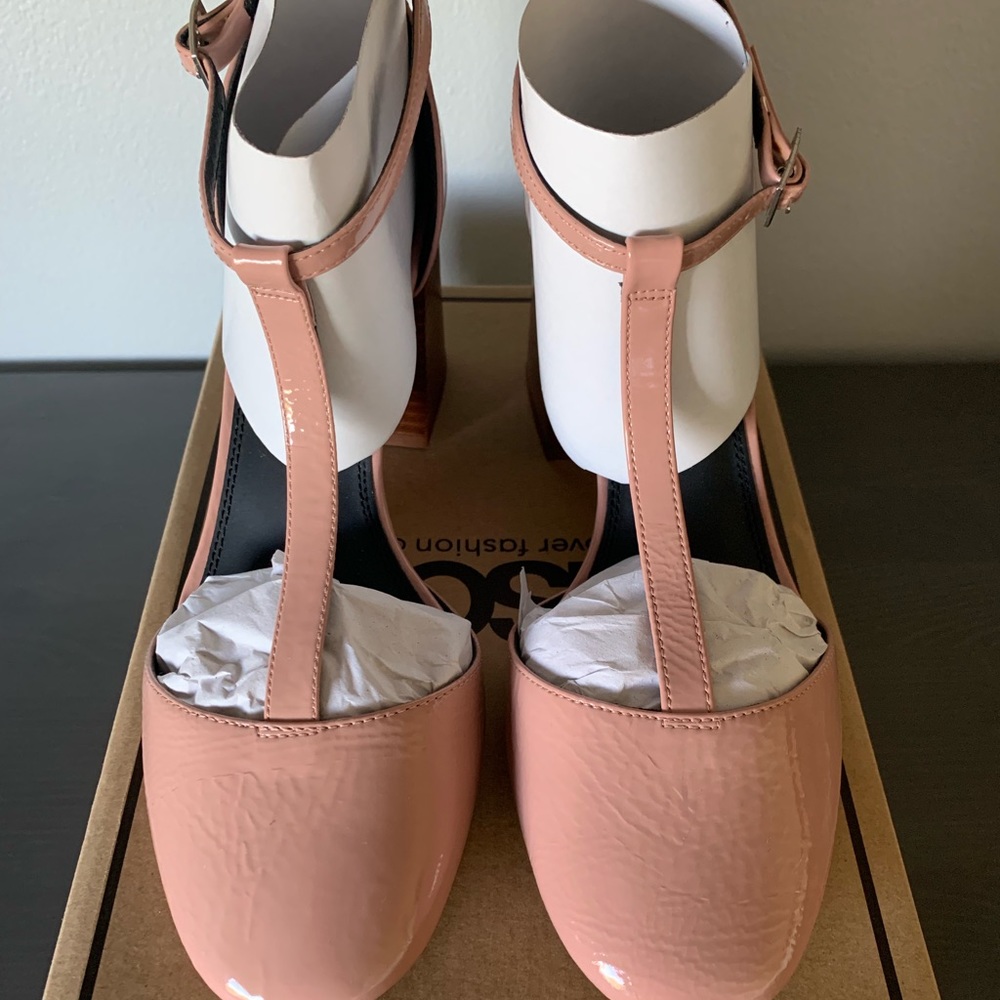 ASOS Blush Patent T-Strap Block Heel Sandals